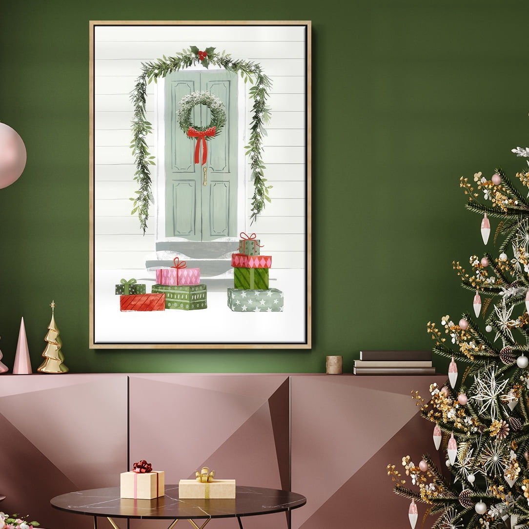 Festive Front Door Collection B - Framed Gallery Wrapped Holiday Canvas - 17 x 25 - Natural Wood Frame