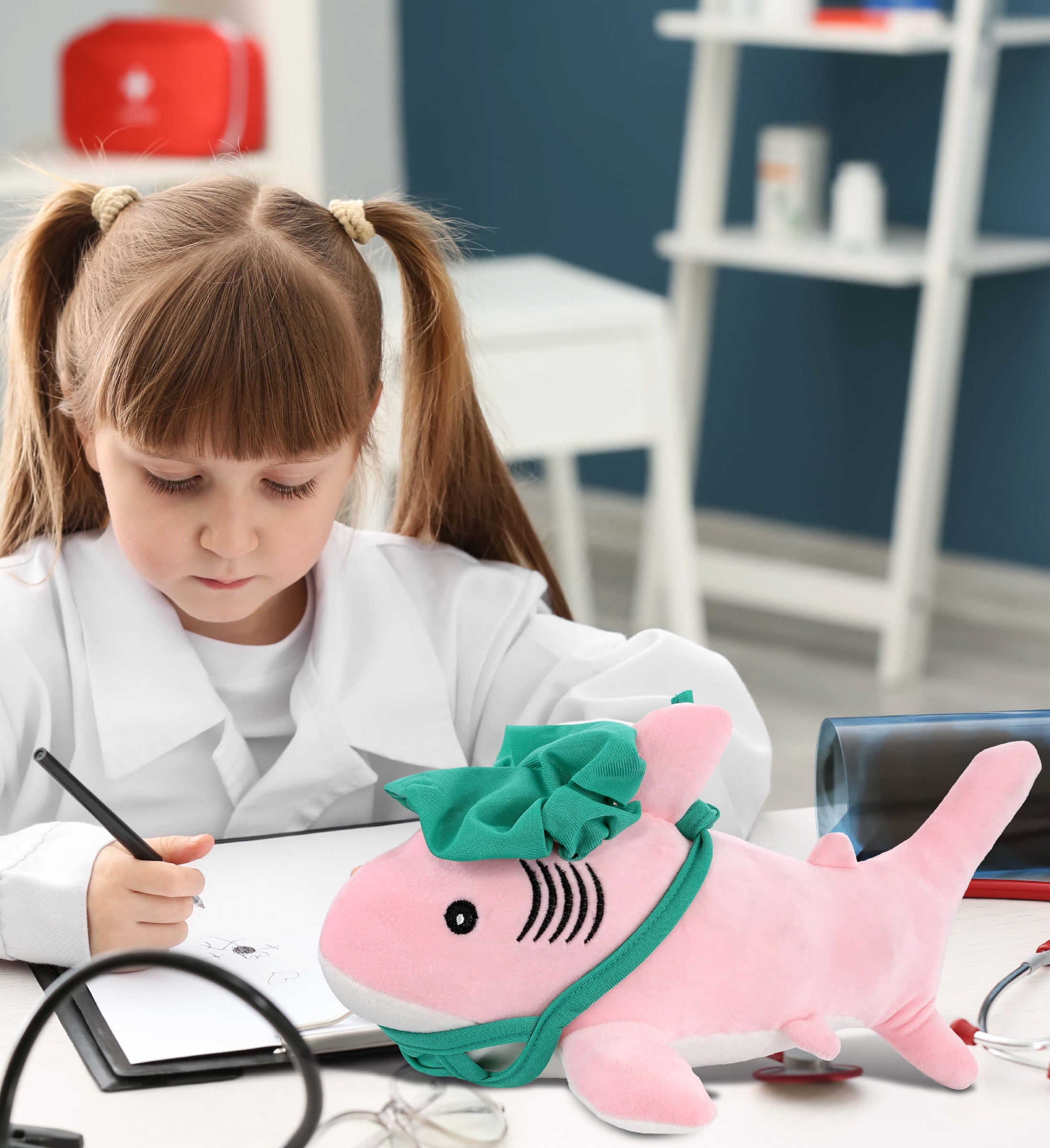 DolliBu Pink Shark Doctor Plush Toy - Baby Soft Shark Doctor Stuffed Animal Dress Up with Cute Scrub Cap & Face Mask Outfit - Fluffy Doctor Toy Plush Gift - 12 Inches