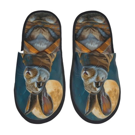 Balery Moon Night Sky Cute Rabbit Slient Indoor Furry Fleece Comfort House Shoes Soft Non-Slip Home Shoes Cotton slippers House Slippers-- Medium