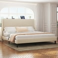 thumbnail image 2 of King Size Bed Frame with Charging Station, Upholstered Platform Bed with Wingback Headboard, No Box Spring Needed, Noise Free, Easy Assemble, Beige, 2 of 10