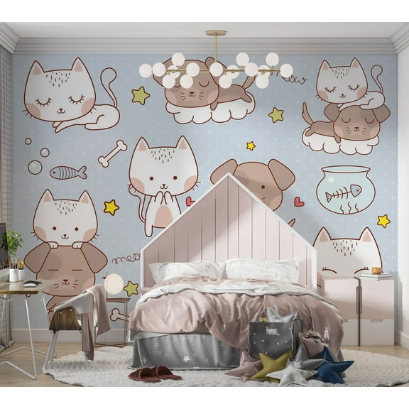 Kids Wallpaper Wall Mural - Cartoon Cats and Dogs