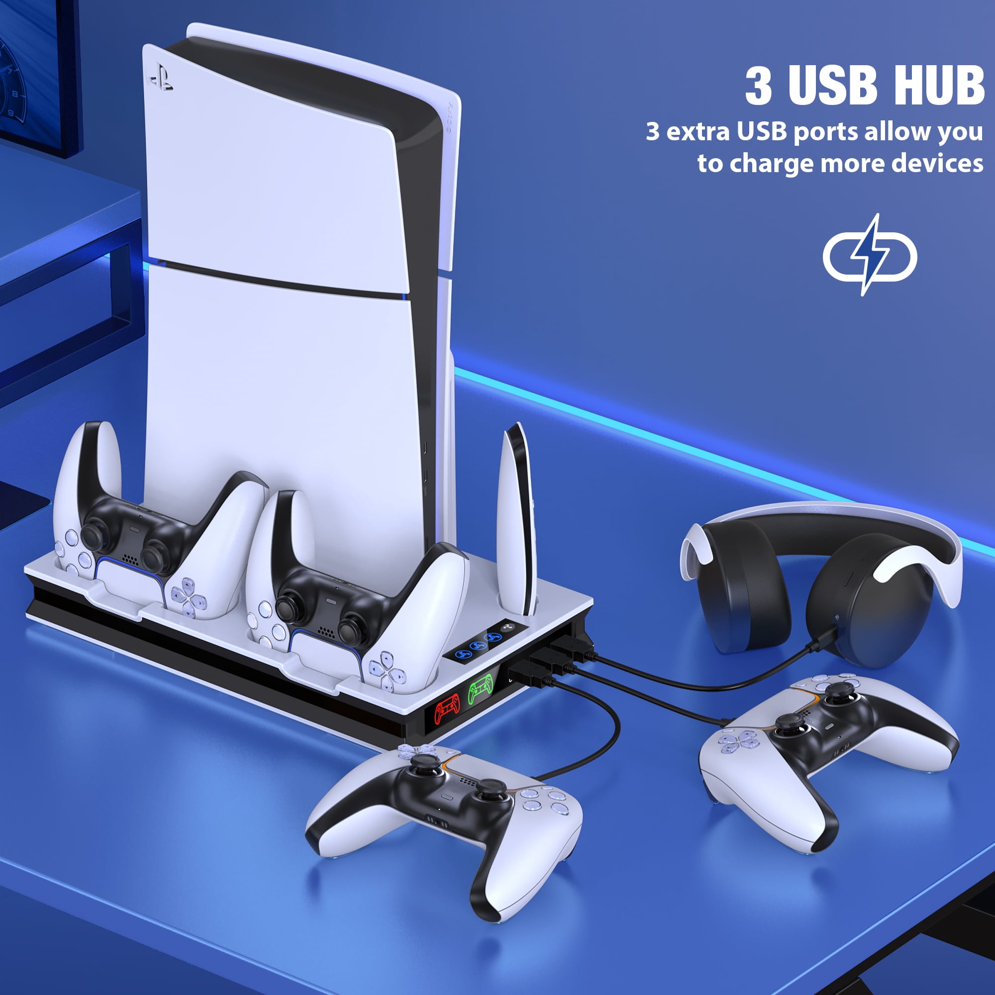 Daenfyy PS5 Stand for PS5/PS5 Slim, PS5 Cooling Station Stand with Cooling Fan, Dual Controller Charger, Headset Holder, 3 Charger Port