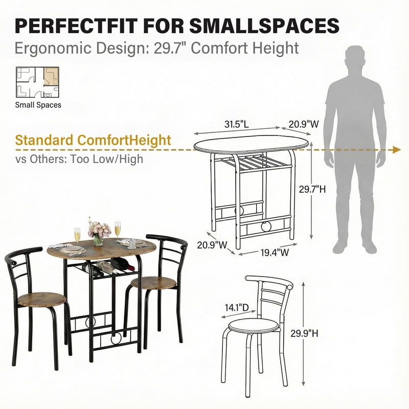 Vineego 3-Piece Dining Set for 2,Small Space Saving Kitchen Breakfast Table and 2 Wooden Chairs,Brown
