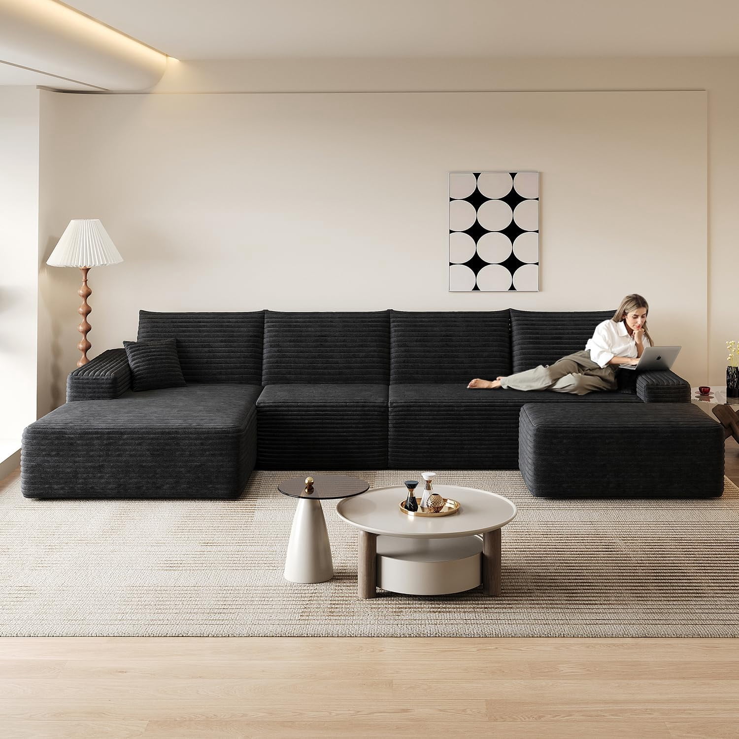 Sailvan 135" Cloud Sectional Couch, Cloudy Sofa with L-Shape Chaise & Ottoman, Upholstered Couches for Living Room & Bedroom, No Assembly Required, Plush Corduroy Fabric, Black