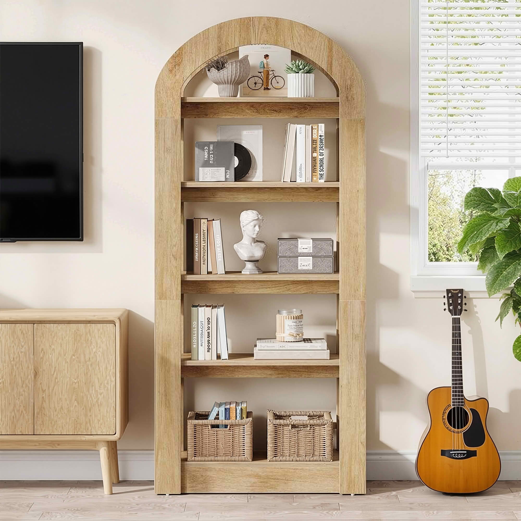 MAYEERTY Modern Arched 5-Tier Tall Bookcase, Heavy Load Storage Display Shelf, Multi-Functional Room Divider for Home & Classroom