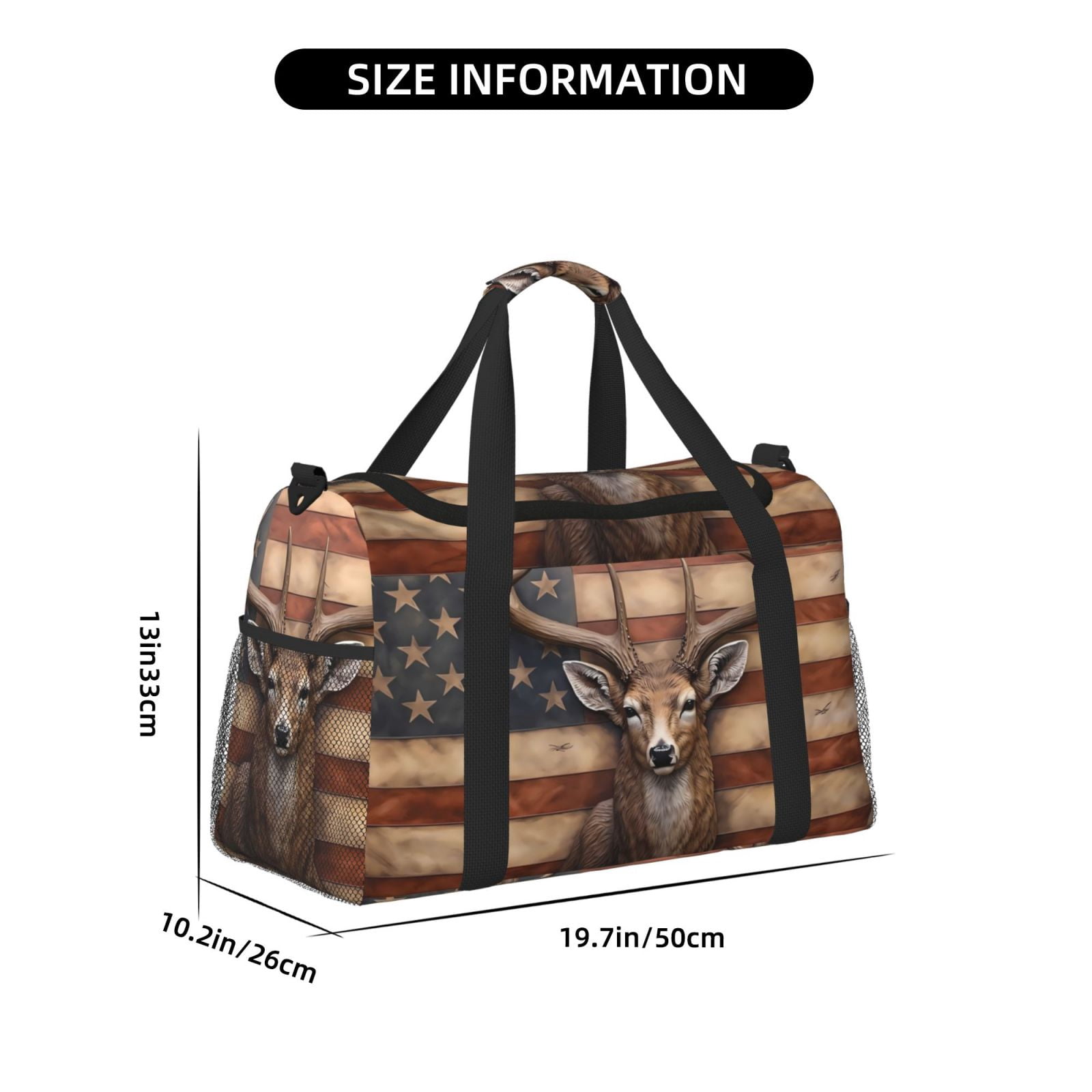 Defioc Deer American Flag Wall Print Hand Travel Bag - Foldable Travel Duffel Bags for Men Women -Sport Gym Bag - Overnight Travel Duffel Bag - Adjustable Shoulder Strap