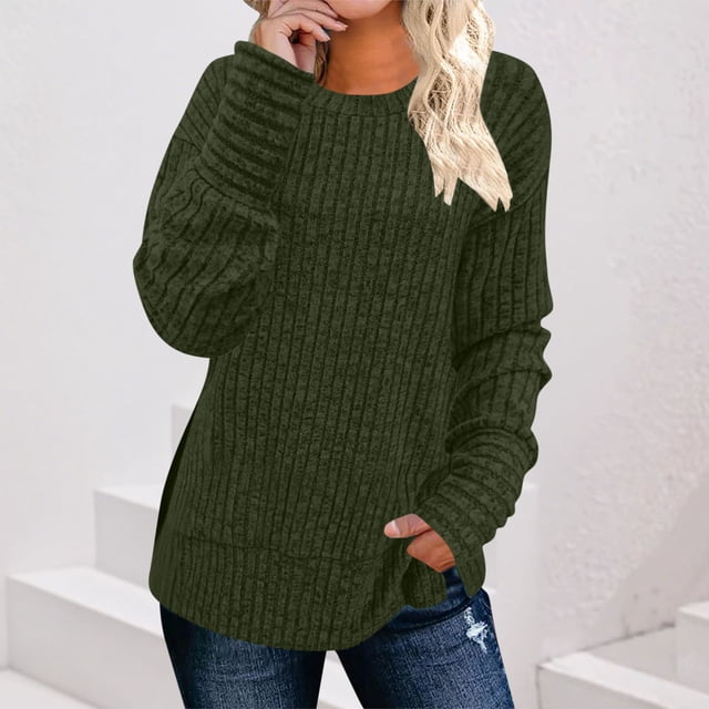 Hauts de Chandail pour Femmes Grande Taille Manches Longues Doux Confortables Col Rond Chemises Décontractées Coupe Ample Tunique Verte P
