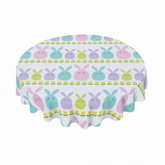 Eveokoki Easter Round Tablecloth 60 inch Diameter Easter Bunny And Tulip Stripe Table Cloths Spill Proof Wrinkle Table Cloth for Kitchen Dining Decoration Holiday Parties