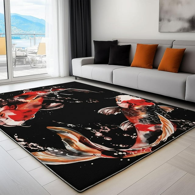 5 x 7 ft Area Rugs for Living Room Black, Machine Washable Non Slip Area Rug Chinese Ink Painting Animal Fish Indoor Carpet Ultra Soft for Bedroom Dining Room Playroom Nursery