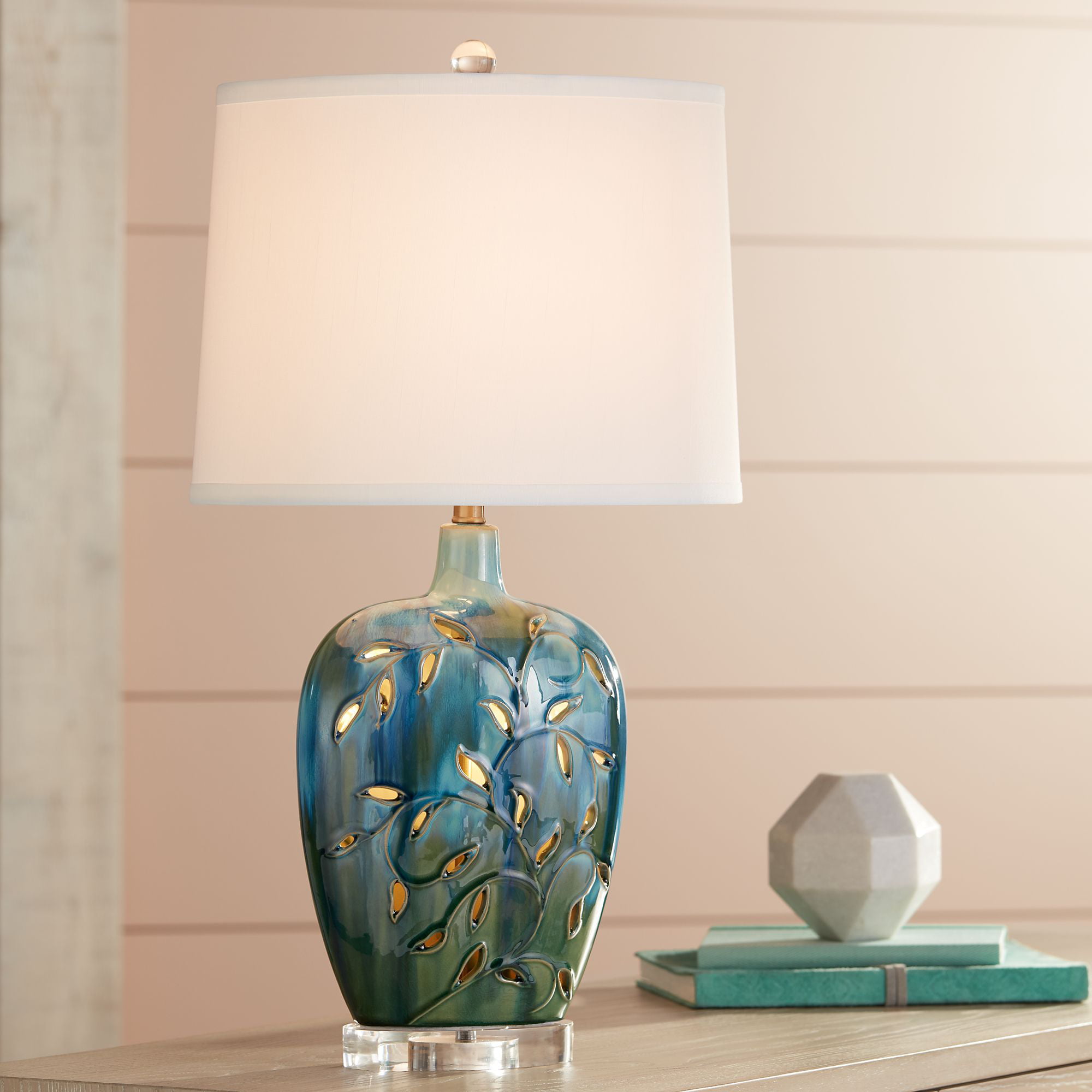 360 Lighting Cottage Table Lamp with Nightlight Ceramic Blue Vine