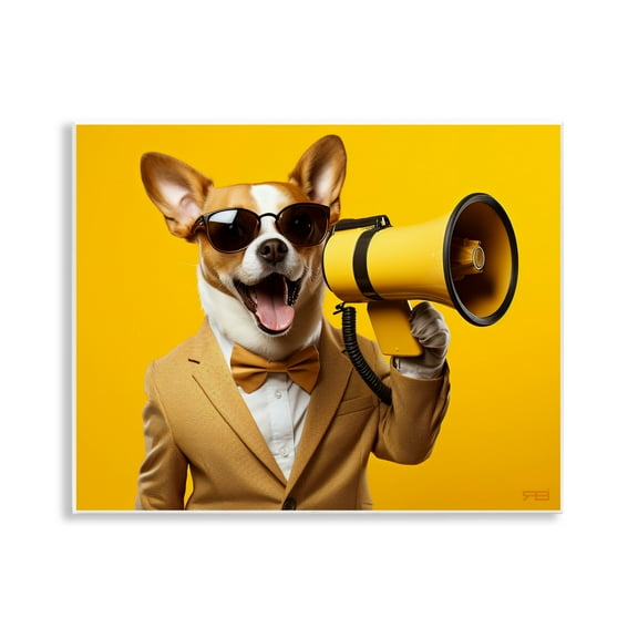 Stupell Industries Dog with Yellow Megaphone Animals & Insects Painting Unframed Art Print Wall Art, 14 x 11
