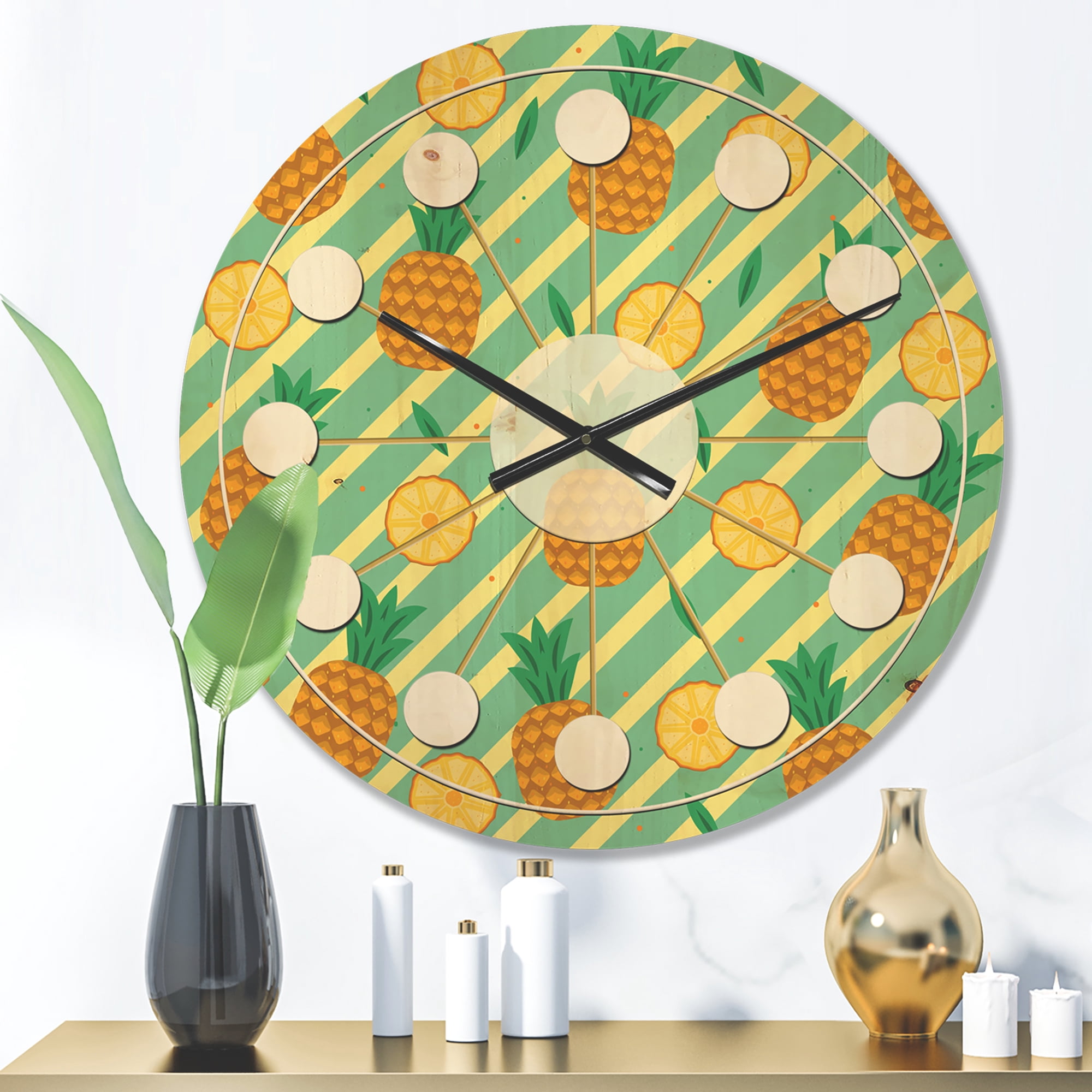 Designart 'Pineapple Summer Bliss Retro I' Mid-Century Modern Wood Wall Clock