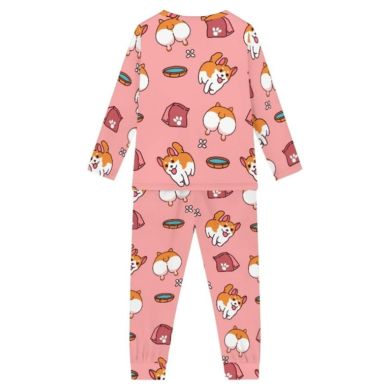 FKELYI Cartoon Corgi Pajama 2pcs Polyester Kids Sleepwear Girls Size 9 10 Years Comfortable Home Girls Pajamas Long Sleeve