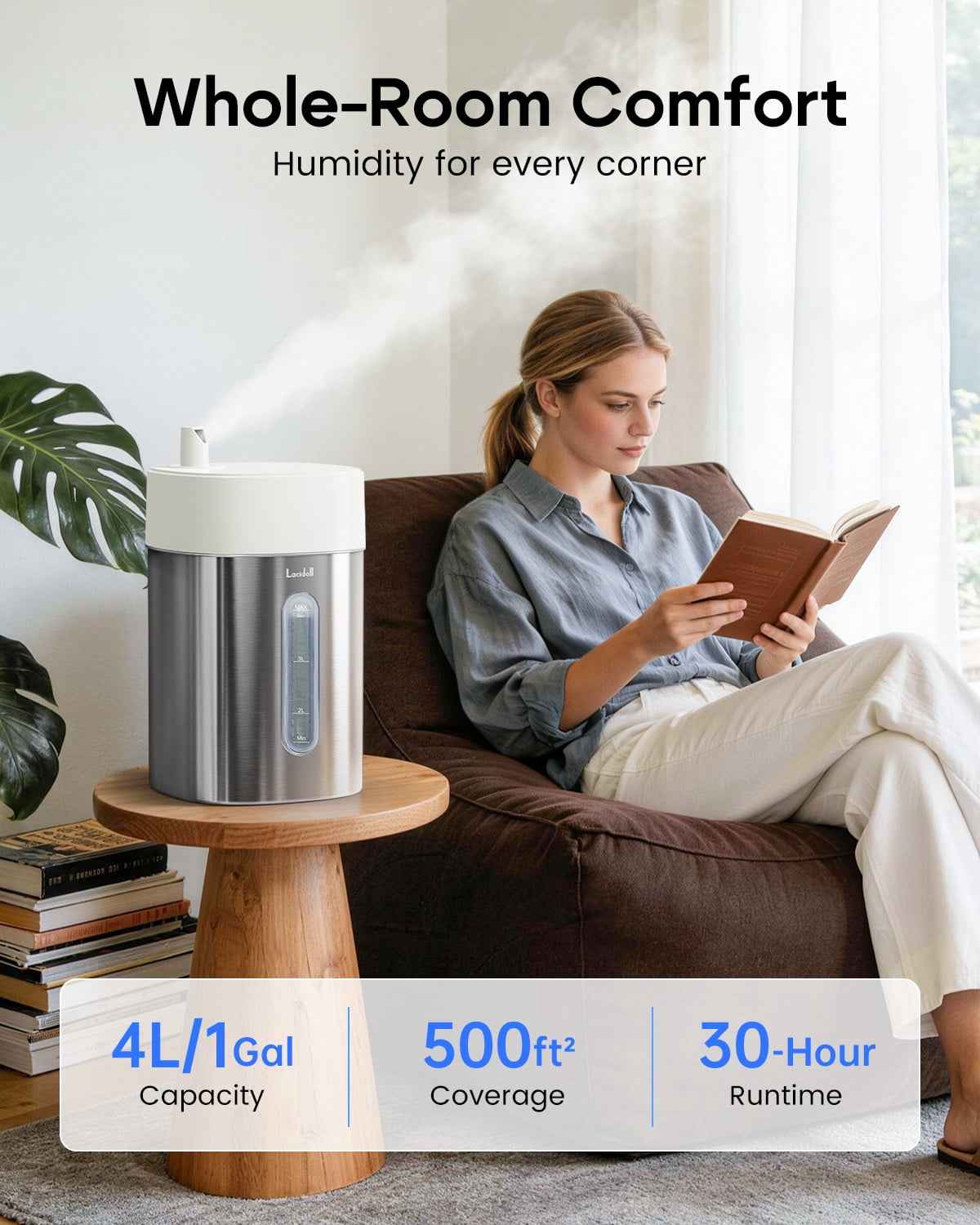 Stainless Steel Cool Mist Humidifier, 4L/1Gal Easy Clean, Dishwasher Safe, Quiet Humidifier for Bedroom, Baby Nursery, Rooms, up to 500 Sq ft
