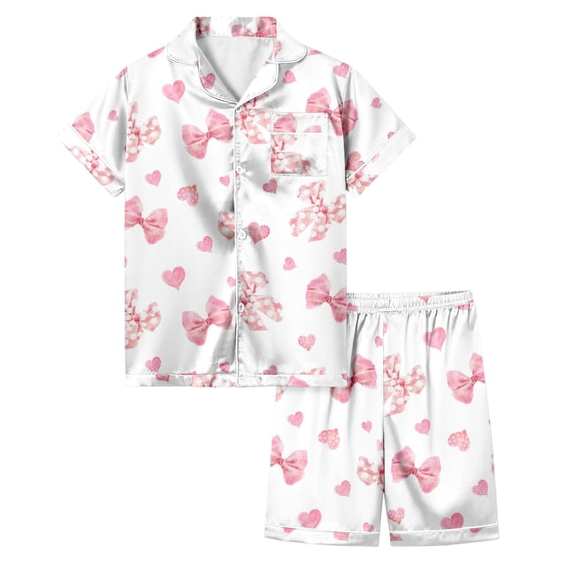 Pyjama Imprimé Nœud pour Filles Manches Courtes Bouton Haut Shorts Ensemble de Pyjama Maison