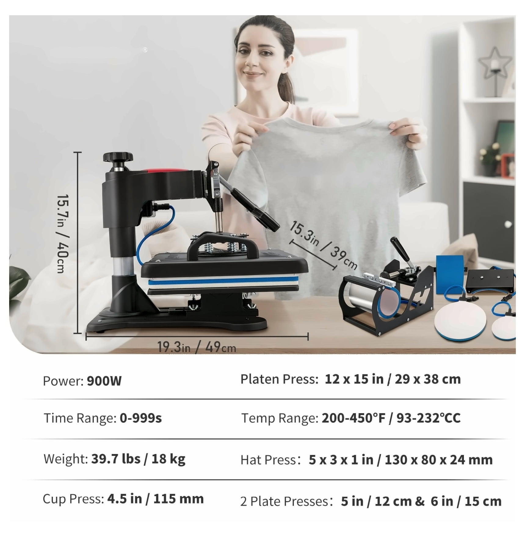 Heat Press 5 in 1 Machine 12x15, Sublimation Transfer Press for T-Shirt, Mug, Cap, Plates, Digital Heat Press Machine with Fast Heat-up & Precise Temp Control