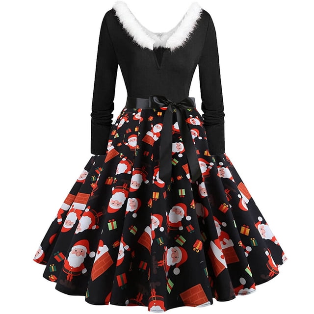 CEHVOM Robe Évasée pour Femmes Manches Longues Imprimé de Noël Patchwork en Fourrure Col en V Robe Rétro
