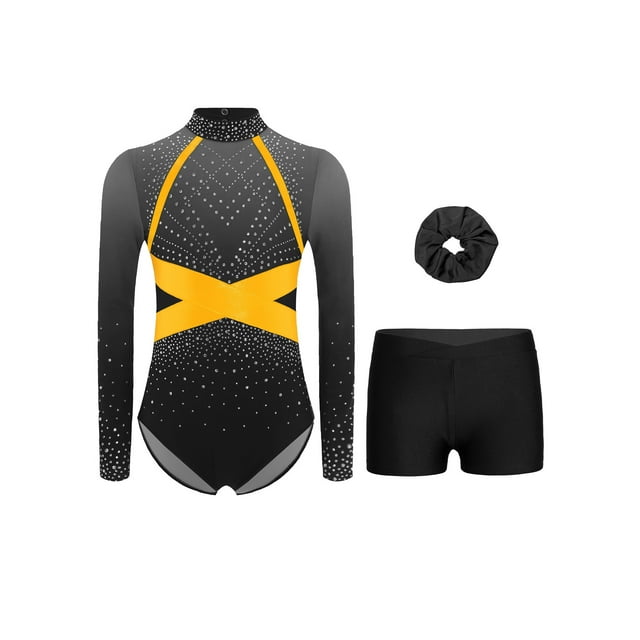 RUNQHUI Kids Girls Rhinestone Long Sleeve Gymnastics Unitard Figure Skating Bodysuit with Shorts Hairband Set Activewear Gray 8