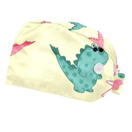 

2PCS Working Cap with Buttons and Sweatband Adjustable Tie Back Hats Bouffant Caps Dinosaur Scrub Turban Hat