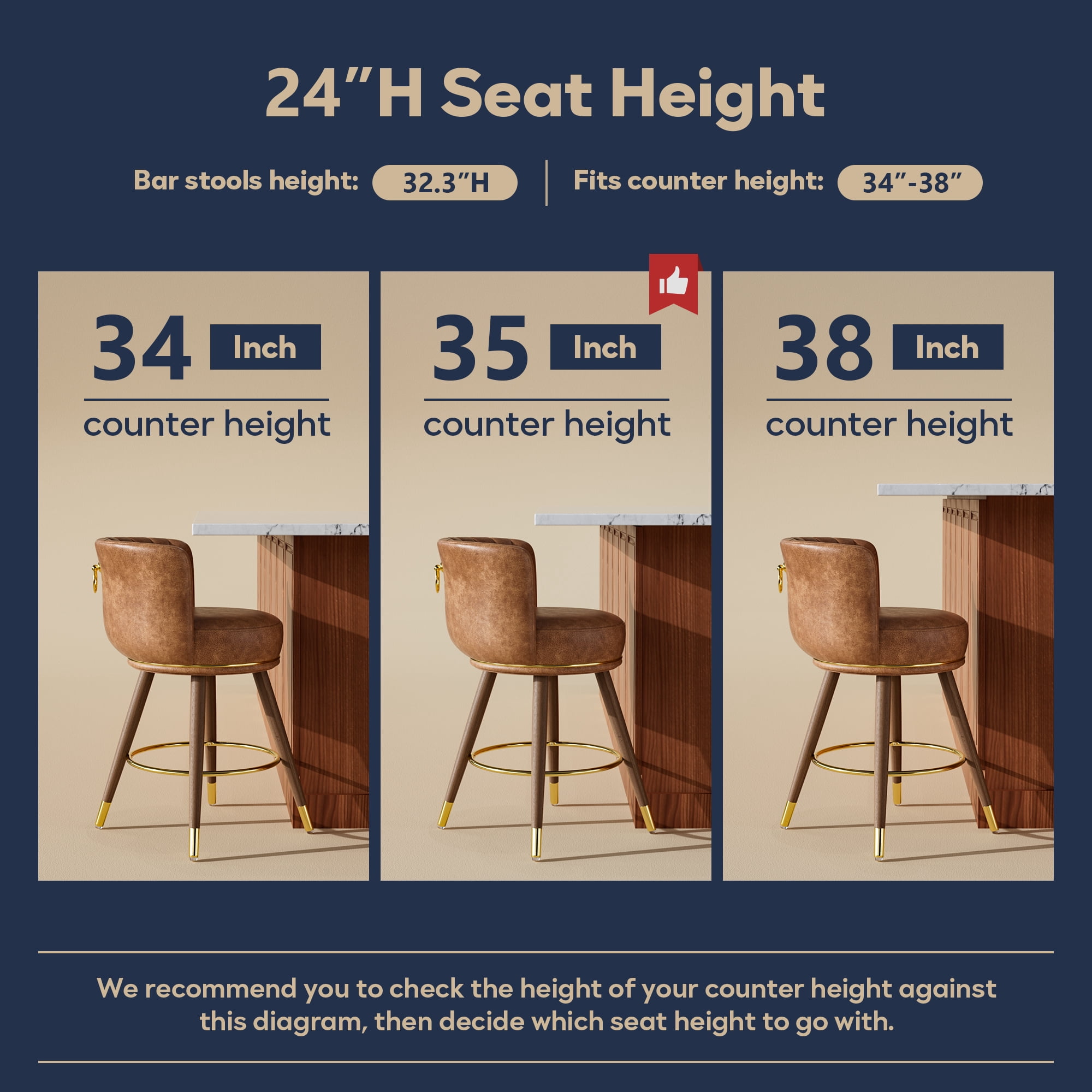 Ninecer Counter Stools Set of 2, 24-Inch Swivel Bar Chairs with PU Leather, Footrest, Modern Design for Kitchen Island & Home Bar, Brown