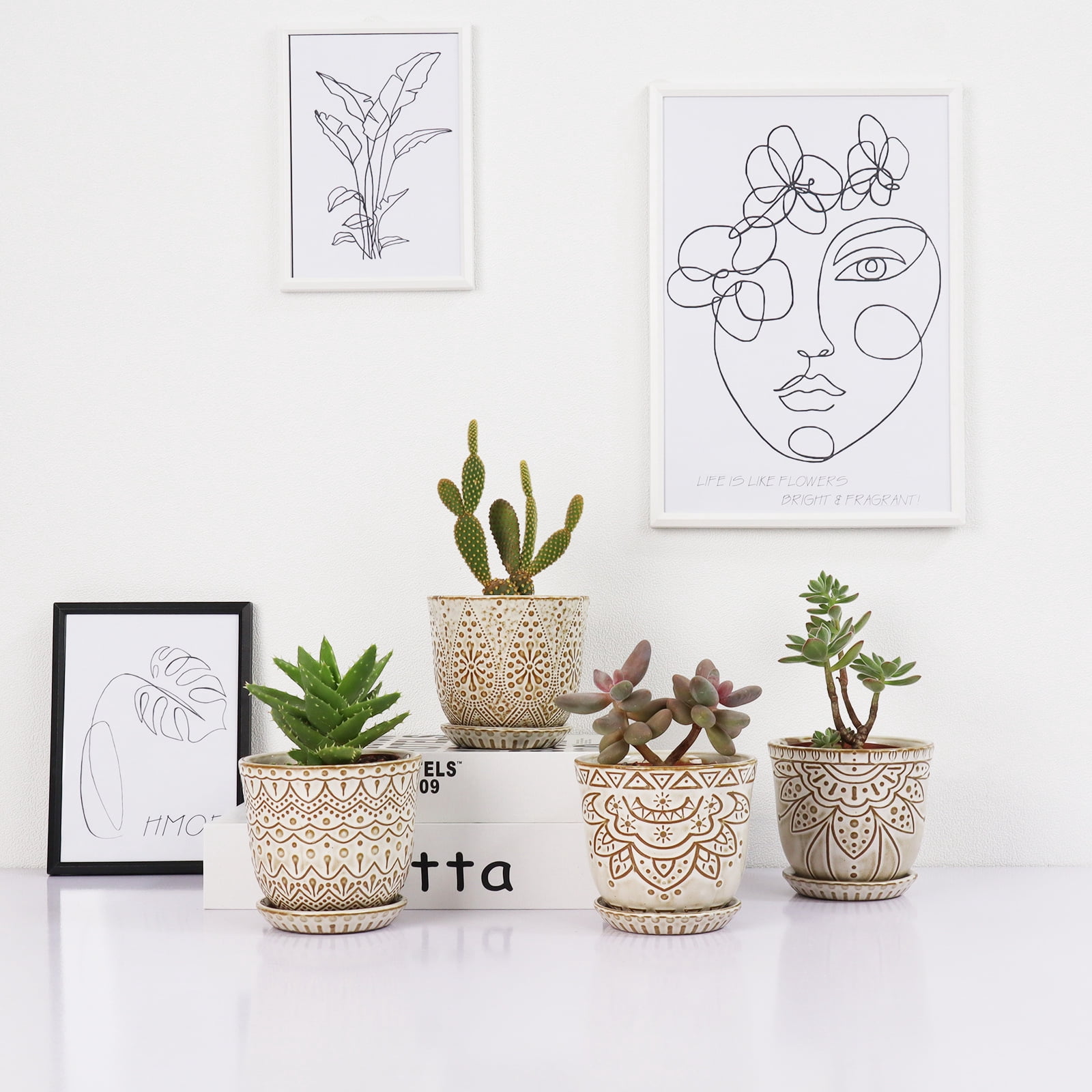 BESTSELER Succulent Pots, 4 Inch Small Indoor Ceramic Planter Pot with Drainage Holes and Saucers for Plants- Creamy White - Set of 4