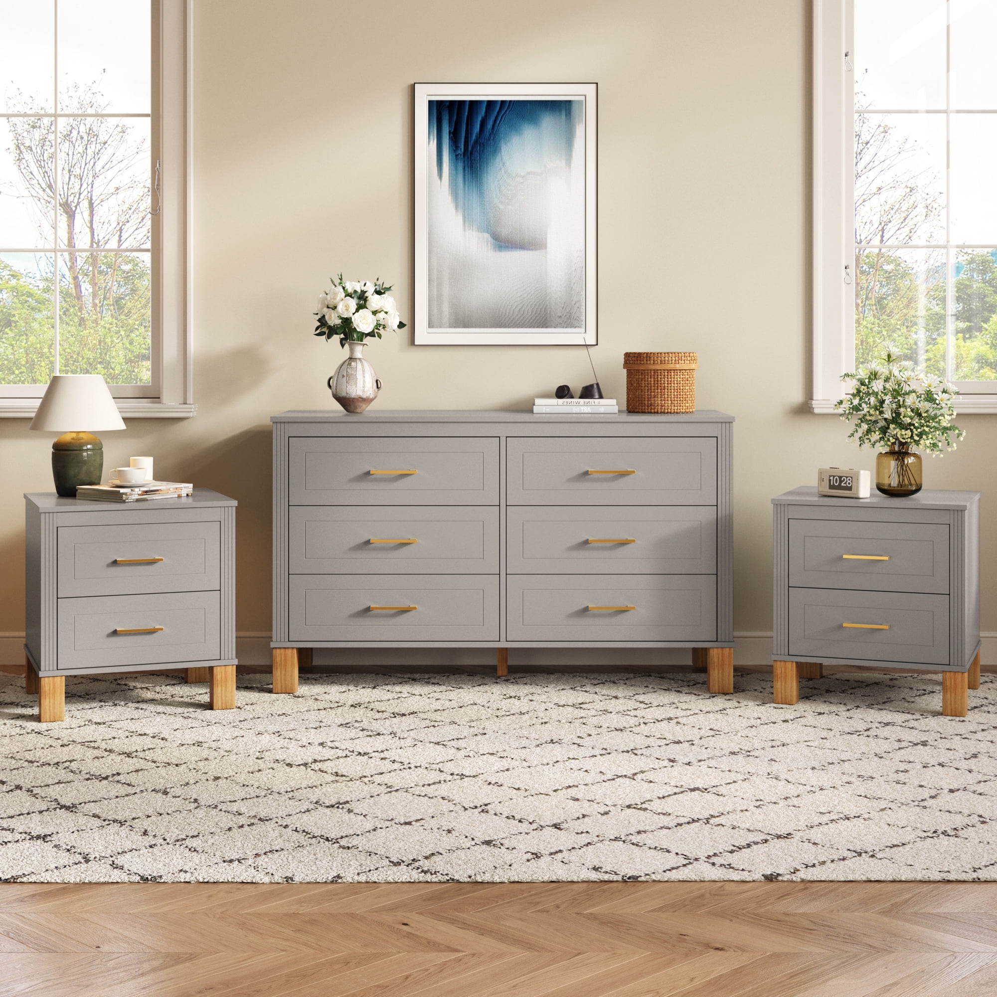 2 Drawer Nightstand, Fluted Design Bedside Table with Solid Wood Legs & Metal Handles, MDF Frame Storage Cabinet, Tall End Table for Bedroom Living Room