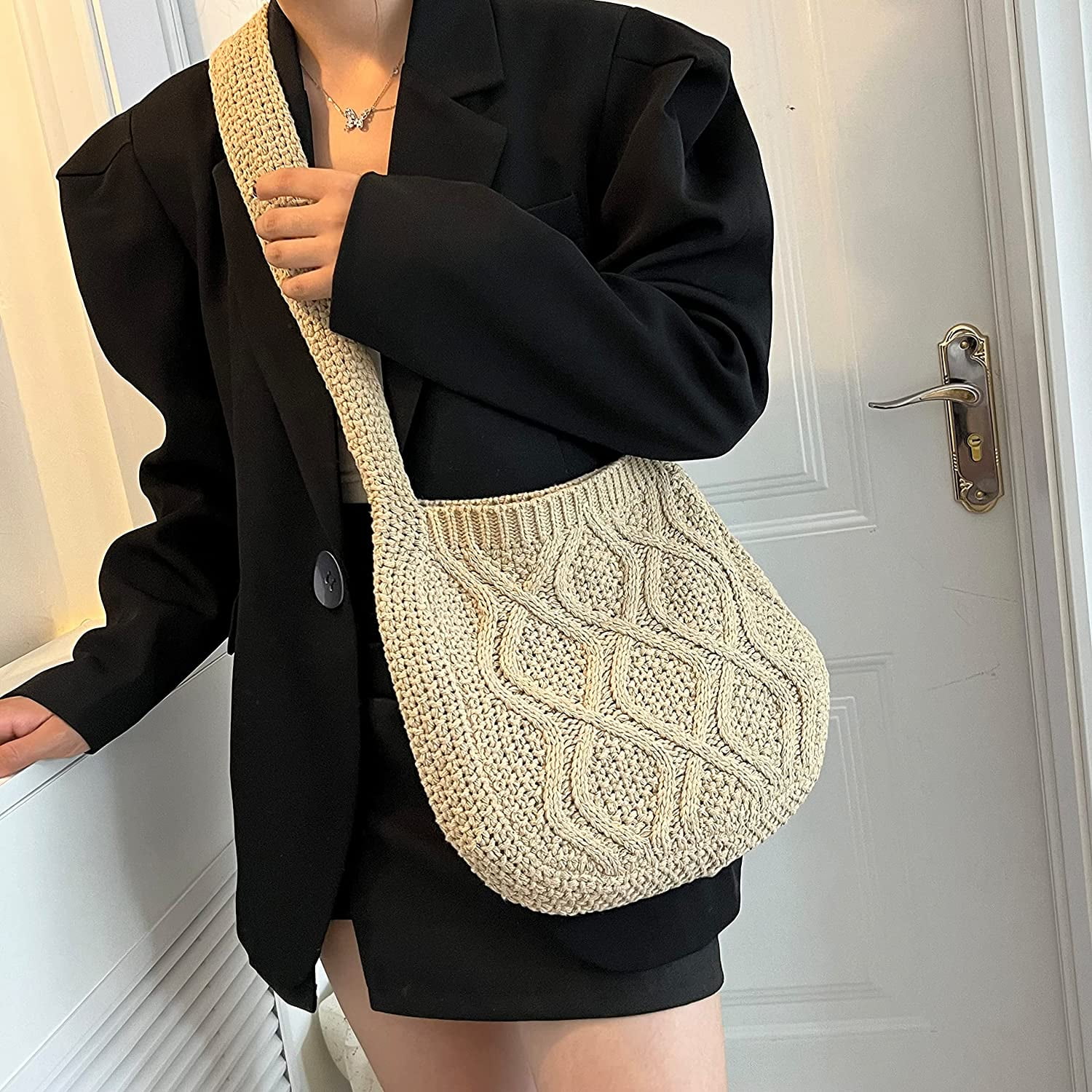 Women's Crochet Tote Bag Knitted Shoulder Crossbody Handbags Aesthetic Shopping Bag Cute Purses Crocheted Hobo Bag