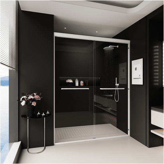 JERFIT 56-60 Inch Semi-Frameless Double Sliding Shower Door, 72" Height Bypass Bath Enclosure with 1/4" Tempered Glass, Anti-Leak & Easy Install, White