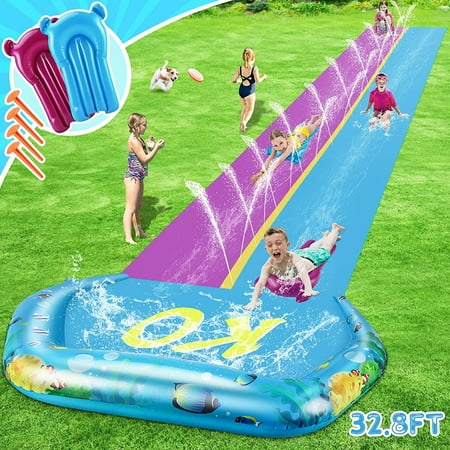 Terra Long Water Slide of 32.8FT Long for Kids Adults- Water Slip Double Lawn with 2 Surfboards  Outdoor Water Slide Toys with Crash Pad and Sprinkler Backyard