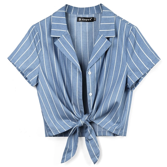 Unique Bargains Chemise Courte à Rayures pour Femme, Boutonnée, Manches Courtes, devant à Nouer