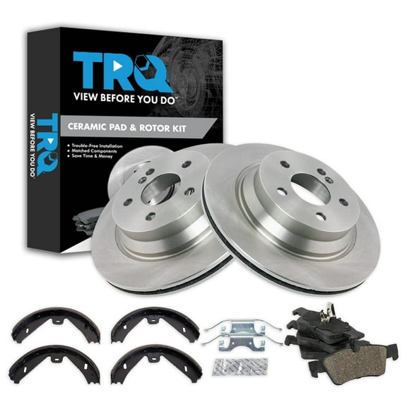 TRQ Rear Brake Pad & Rotor Kit Brake Pads Brake Rotor Parking Brake Shoe Set Ceramic Fits Select 2013-2016 Mercedes-Benz E350
