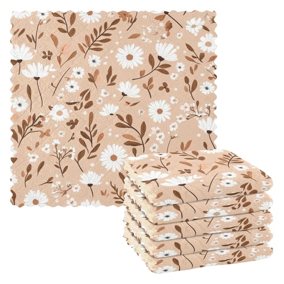 Daisy Pattern on Brown Background Kitchen Cloth Dish Towels for Drying Washing Absorbent Dish Rags 6 Pack