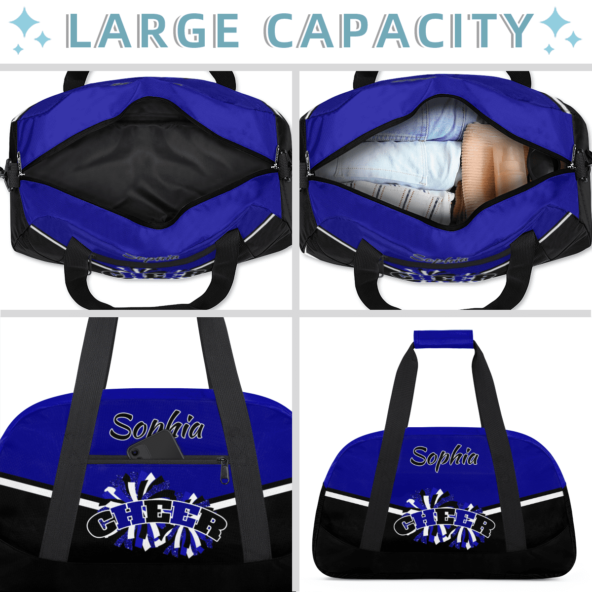 Jiaoprinted Personalized Cheer Bag, Custom Sport Duffel Bag with Name, Customized Cheerleader Dance Bag, Sport Gym Bag Overnight Weekender Bags, Blue
