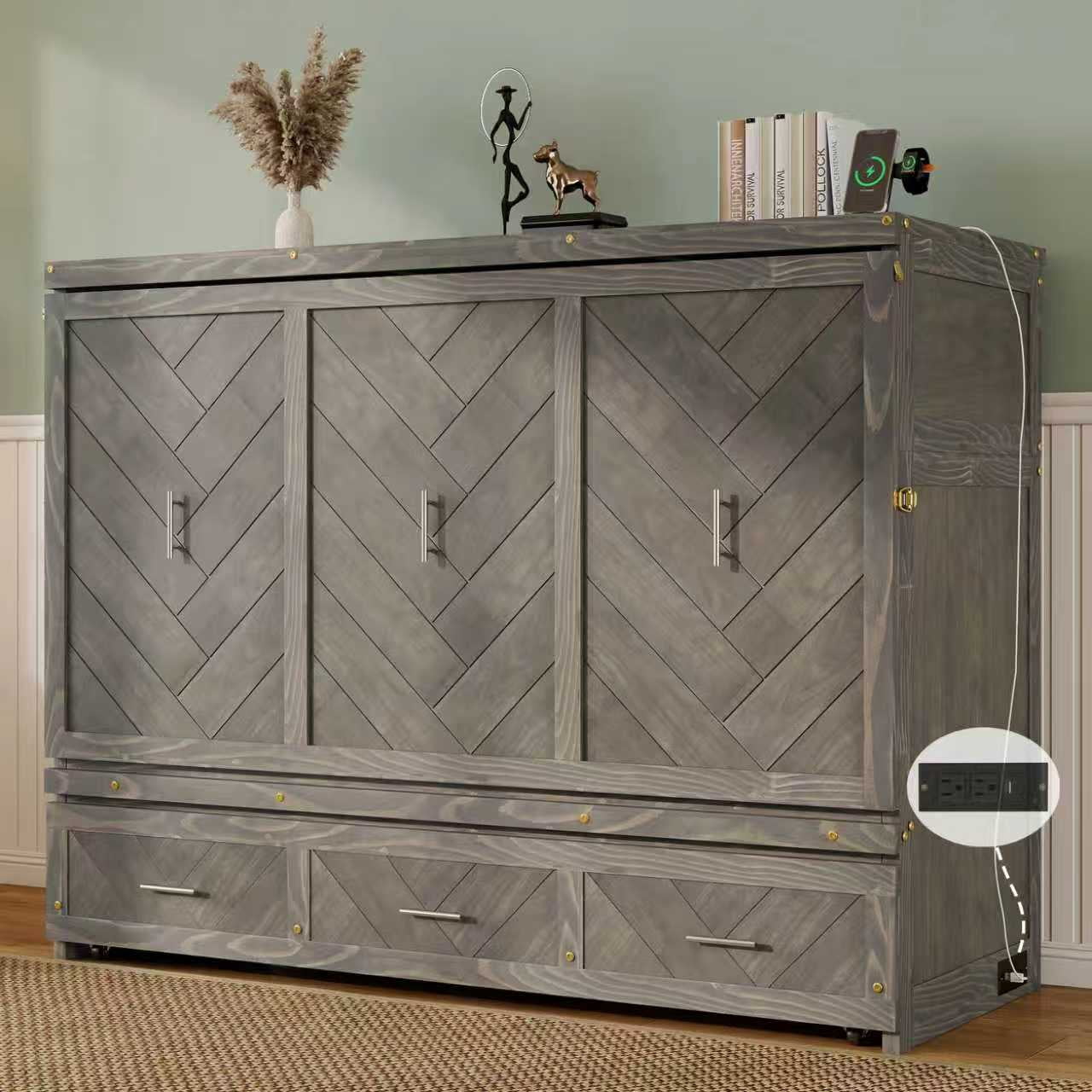 Mintazer Queen Size Murphy Bed Cabinet with Drawer & Charging Station, Farmhouse Foldable Wall Bed for Living Room Bedroom Apartment, Gray