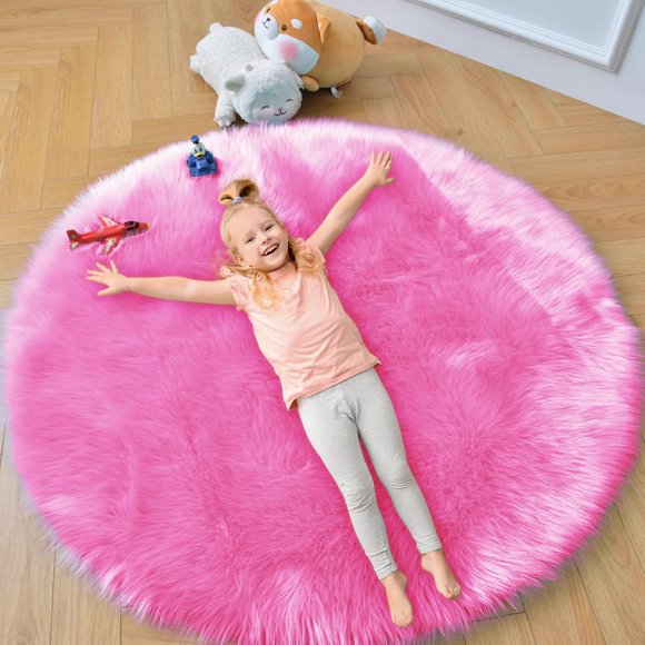duduta Hot Pink Round Faux Fur Rug 4x4 ft, Fluffy Shag Circle Rug for Nursery Bedroom Living Room Washable