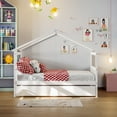 thumbnail image 2 of Full Size House Bed with Twin Size Trundle, Wooden Playhouse Tent Bed Twin Daybed with Headboard, Montessori House Bed Frame for Girls Boys Teens Guests Sleepovers, 79.5''Lx57''Wx62.9''H, White, 2 of 7