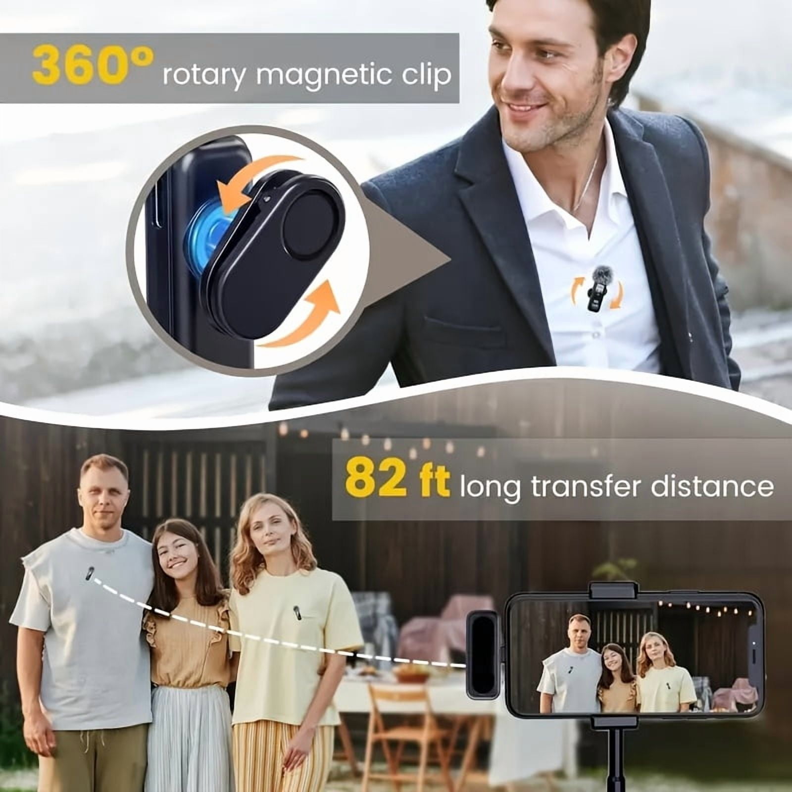 Wireless Lavalier Mic with DSP Noise Reduction, USB-C, Digital Battery Display, 100ft Range, 360° Omnidirectional, Magnetic Clip for Streaming Podcast Vlog