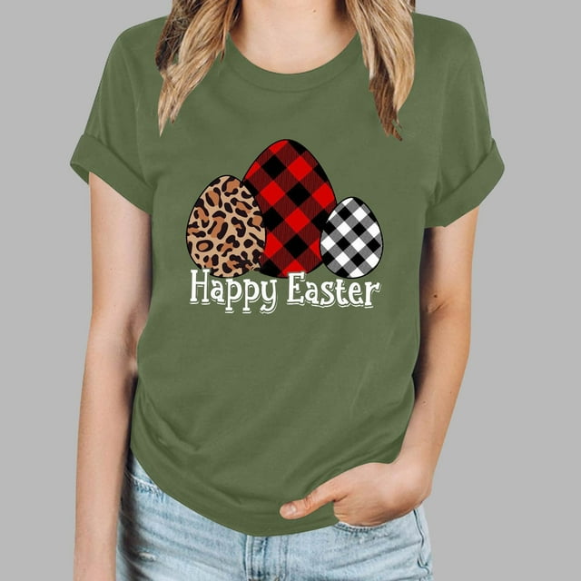 TIMIFIS T-Shirt Joyeux Jour de Pâques pour Femmes T-Shirt Graphique Lapin Œufs Mode Été Col Rond Manches Courtes