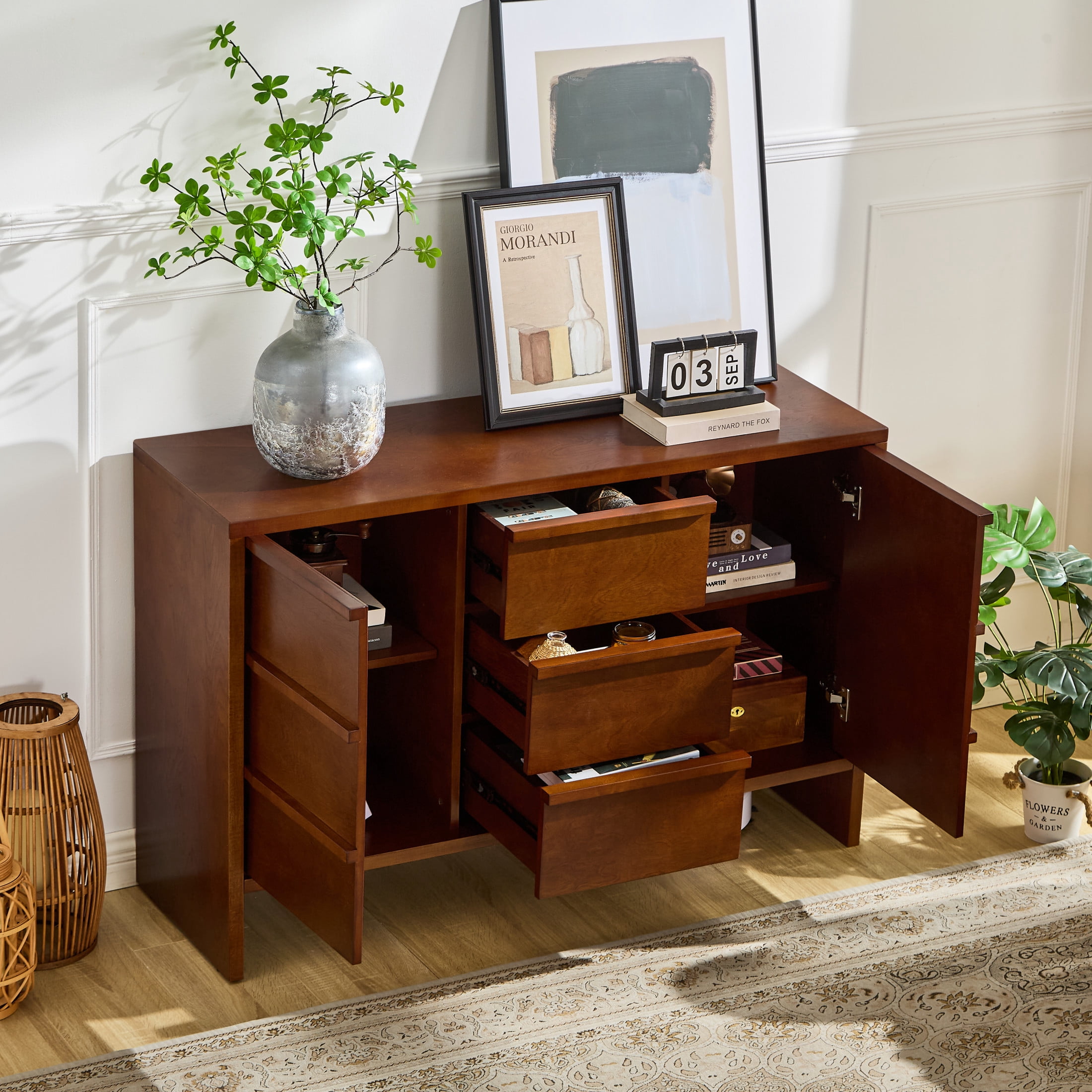 GDF Studio 47.3-Inch Sideboard Buffet Cabinet with 2 Doors, Drawers & Adjustable Shelves, Walnut