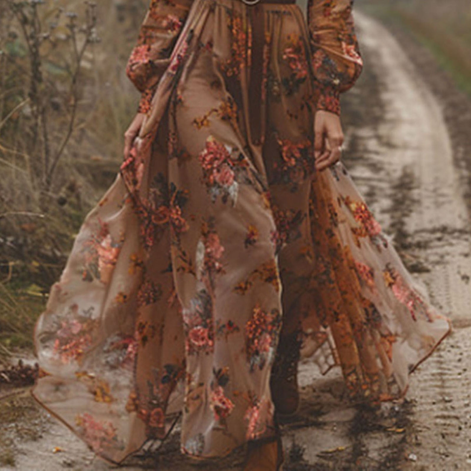 NMMUED Maxi Dresses for Women 2025, Floral Dress for Women, Long Western Dress for Women, Flowy Dresses for Women, Western Maxi Dress, Brown XL