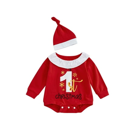

jaweiwi Infant Baby Girls Christmas Romper + Hat Long Sleeves Round Neck Ruffled Cartoon Number Letter Snowflake Print Jumpsuit Size 0 6 12 18 24 M