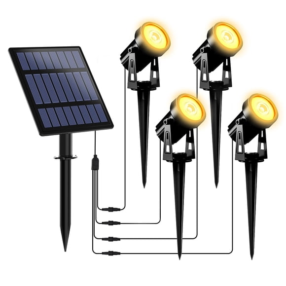 T-SUNUS Projecteur Solaire de Jardin Extérieur, Spots 4-en-1 IP65 Étanche 9.8 Pieds Câble, Panneau Séparé 5W, Auto On/Off pour Drapeau Arbre Patio Allée Chemin Piscine (Blanc Chaud 3000K)