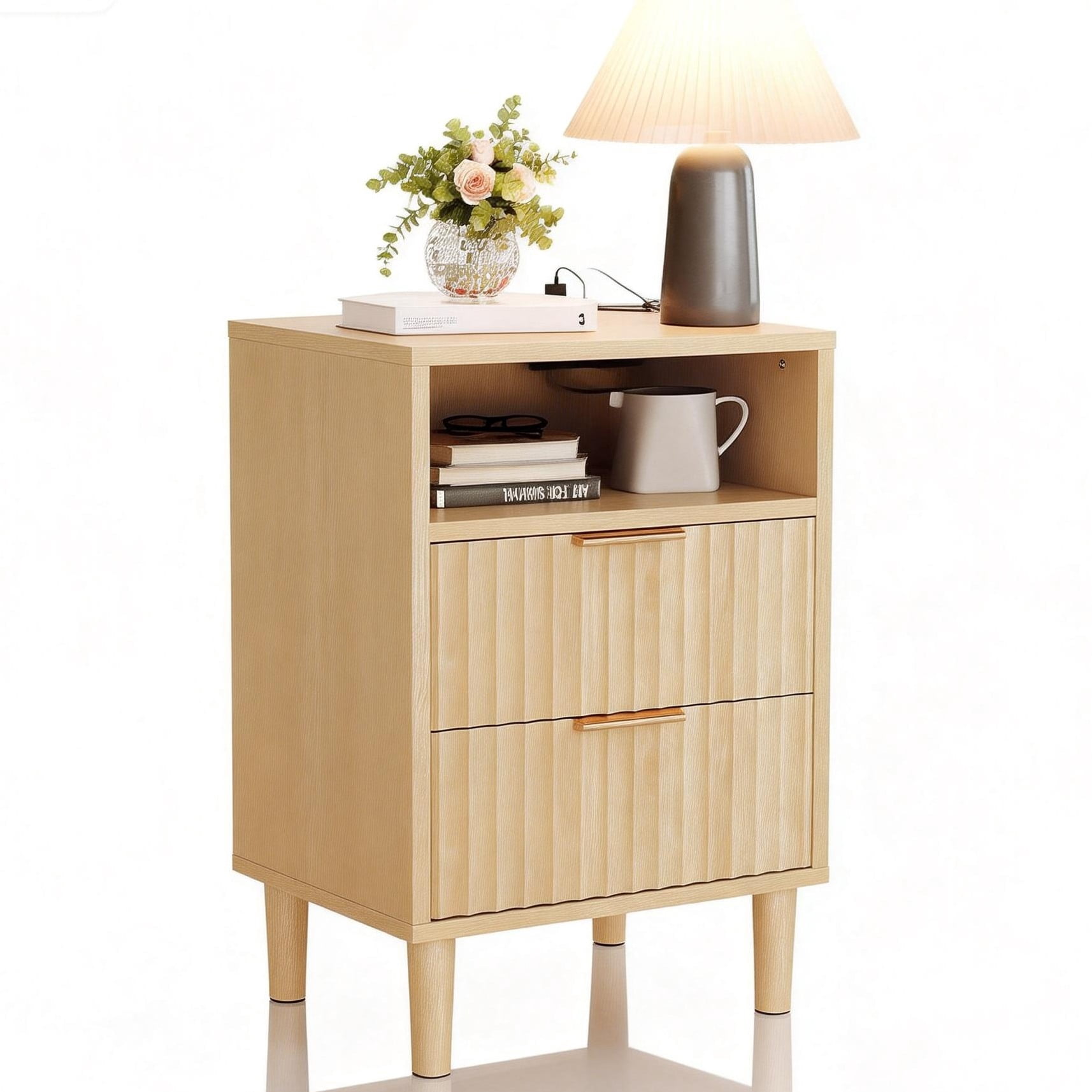 Ktaxon Nightstand with Charging Station, End Table Wooden Bedside Table Large Capacity Easy to Assemble, Wood