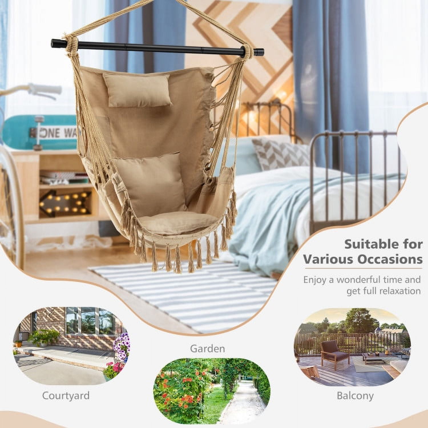 Aimee Lii Hanging Rope Swing Chair with Soft Pillow and Cushions, Comfy Outdoor Chair, Beige