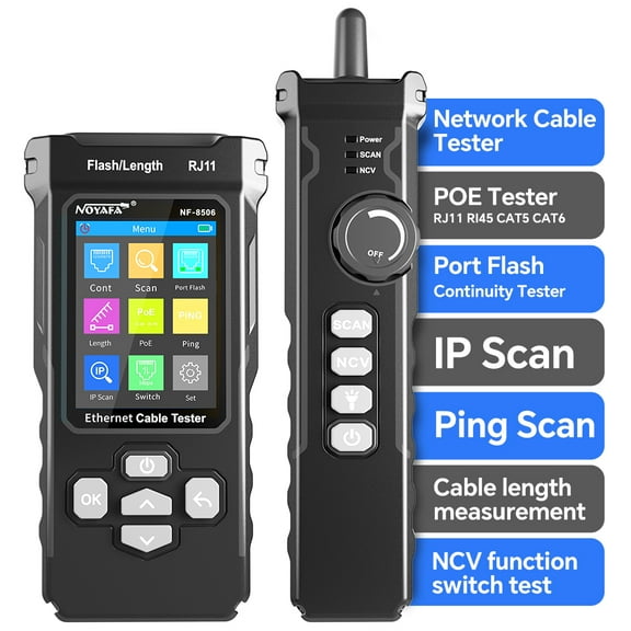 NOYAFA NF-8506 Network Cable Tester with IP Scanne Network Rate Test,/NCV POE/Ping/TDR CAT5 CAT6,Network Tester Cable Toner for RJ11 RJ45 LAN Ethernet Cable Tester Telephone Cable Finder Network Tool
