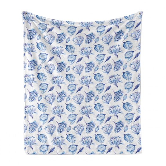 Indigo Soft Flannel Fleece Throw Blanket, Summer Theme Watercolor Blurry Hand Drawn Buds Flowers Roses Seem Image, Cozy Plush for Indoor and Outdoor Use, 60" x 80", Pale Blue and White, by Ambesonne