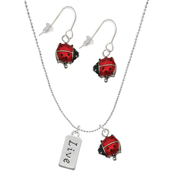 Delight Jewelry Silvertone Live Red Lucky Ladybug Necklace and Dangle Earrings Set