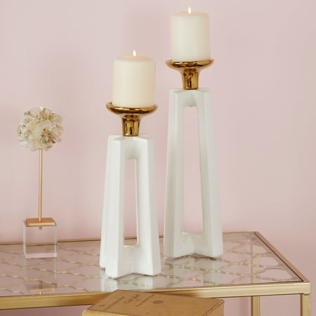 Tall Candle Holder CosmoLiving Tall Gold & White Stone Modern X-Shaped Candle Holders | Set of 2: 5” x 14” & 5” x 12” ()