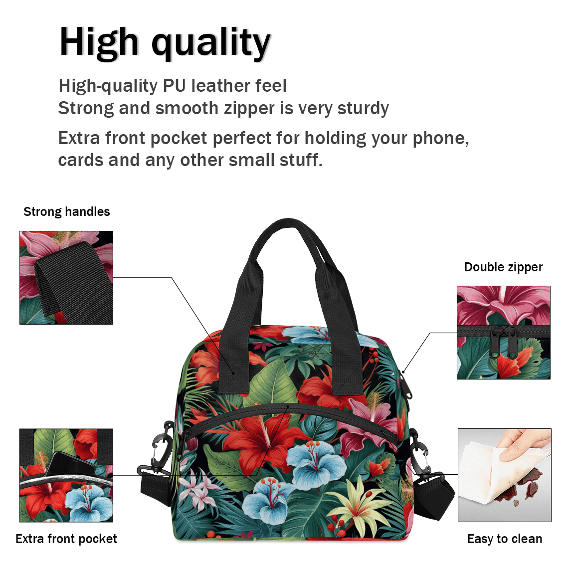 Herdesigns Tropical Hibiscu Floral Hawaii Palm Leaves Insulated Lunch Bag for Women Men Adults Large Reusable Lunch Box Leakproof Portable Cooler Tote Bags with Adjustable Shoulder Strap