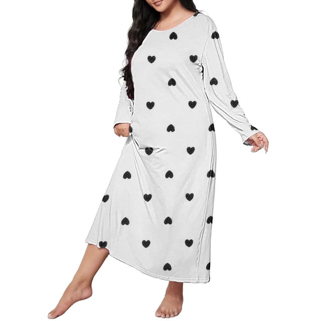 WZXFASHION Robe de Nuit Décontractée Grande Taille pour Femmes, Imprimé Cœur, Manches Longues, Col Rond, Extensible Moyen, Chemise de Nuit Ample, Gris, TTTTG